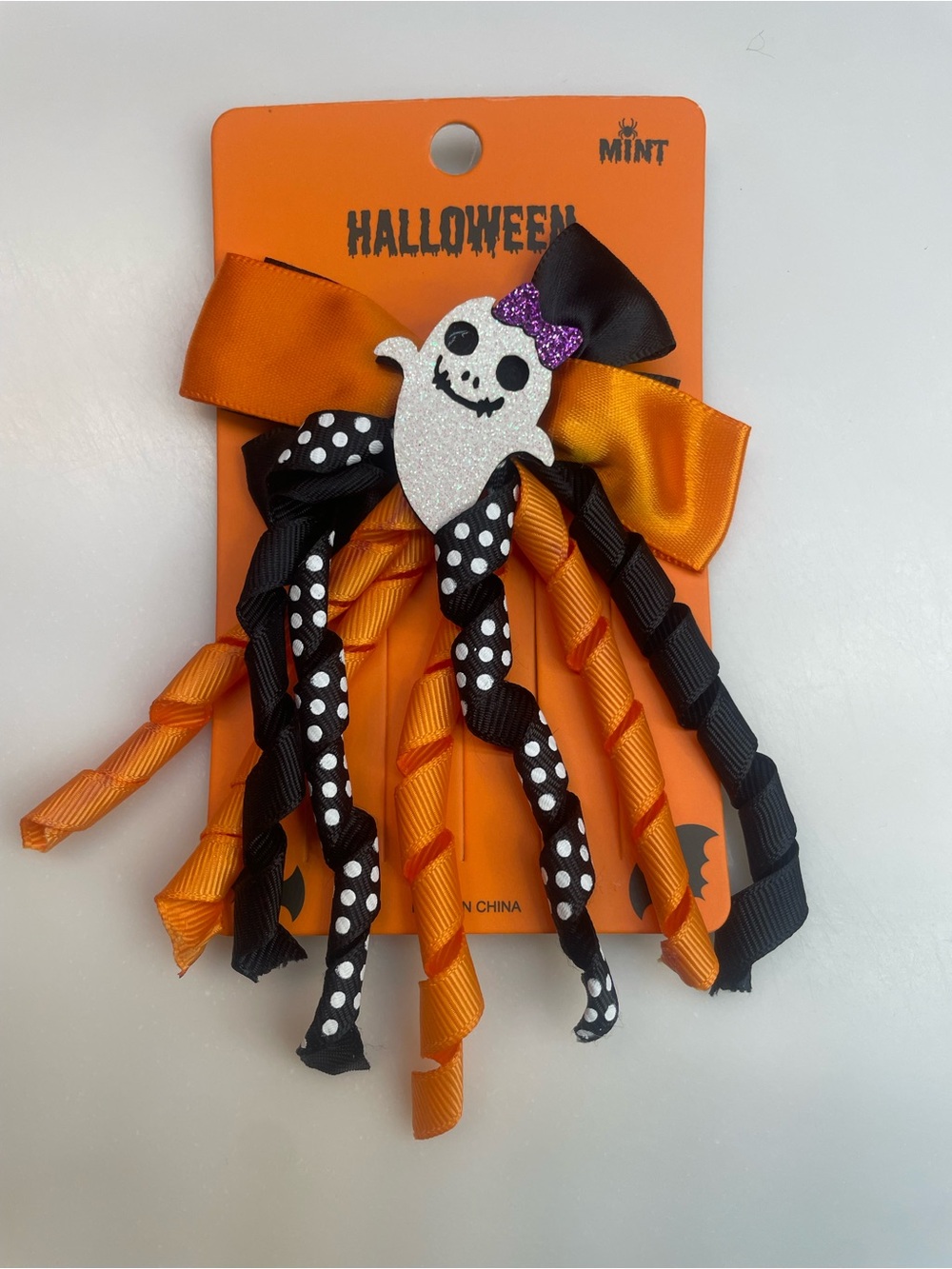 Mint Orange, Black & White Halloween Ghost Bow Clip with Purple Accent